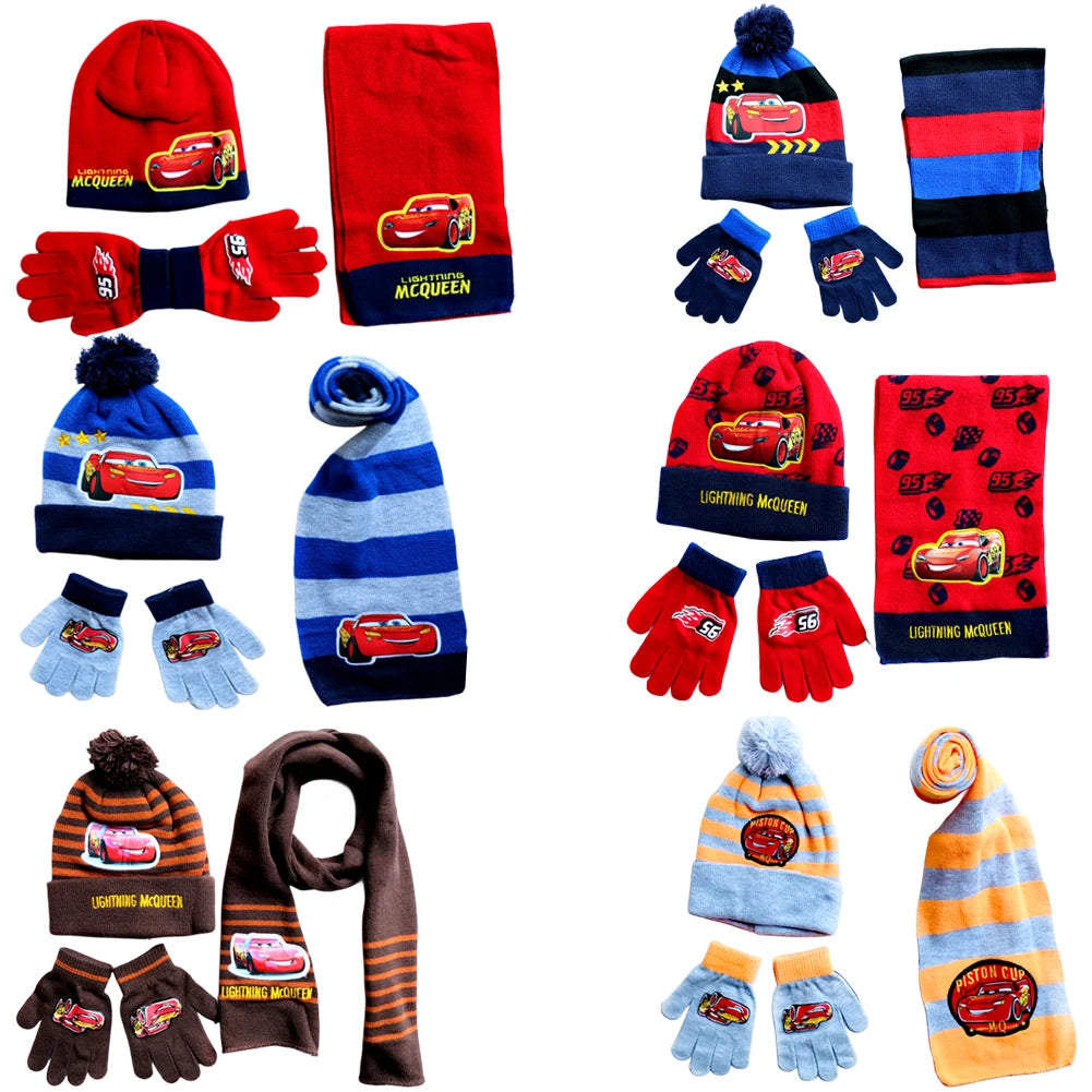 Children's Cars Cartoon Hat Scarf and Gloves Set for Winter Wear