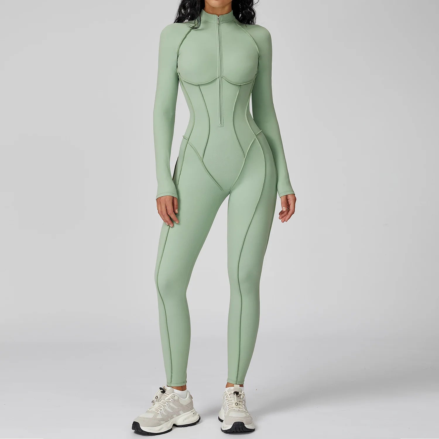 Women's Long Sleeve Zip Front Workout Jumpsuit with Contour Seams