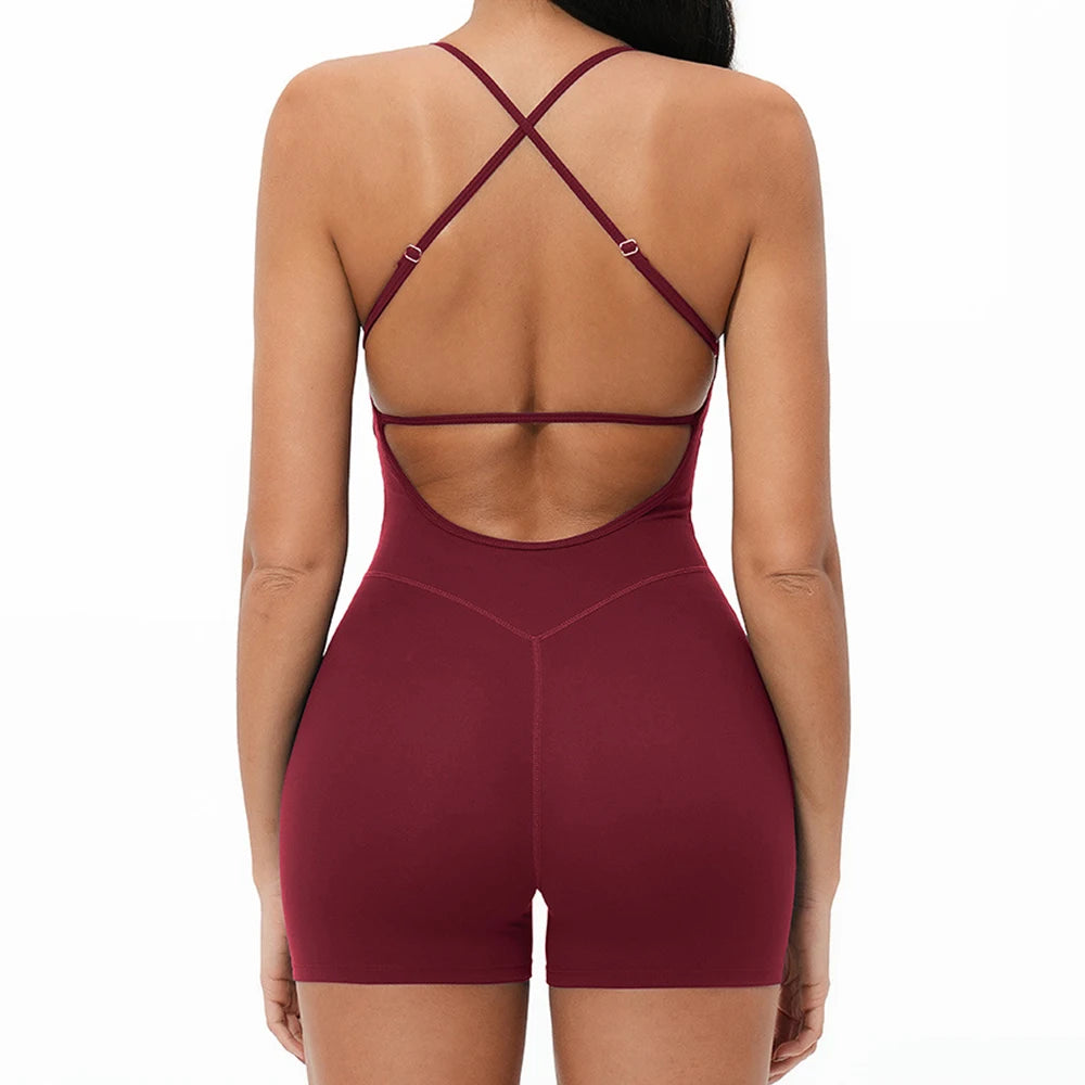 Women's Thin Strap Workout Romper with Open Crisscross Back