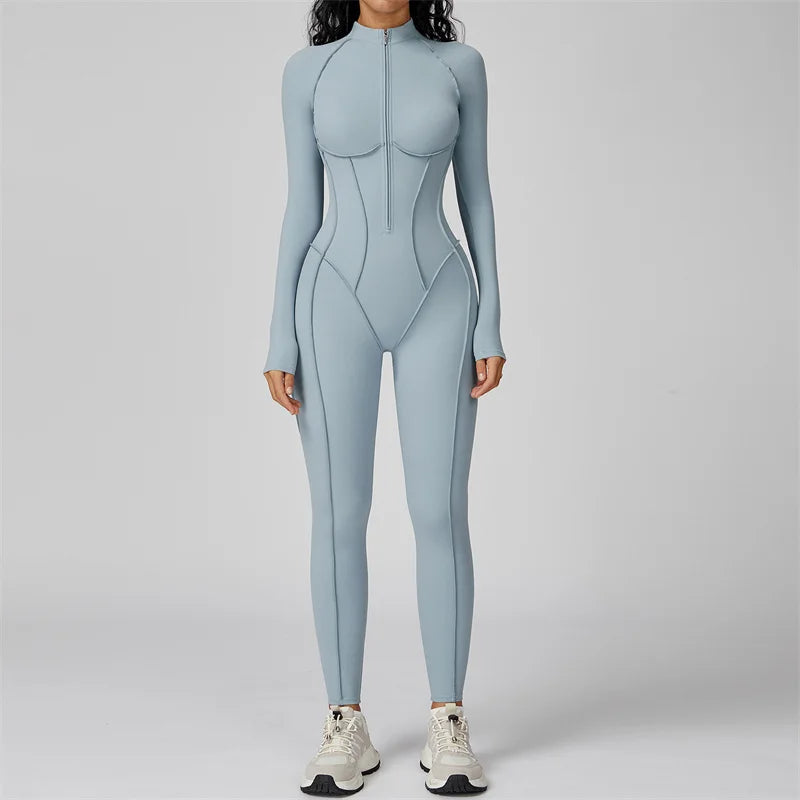 Women's Long Sleeve Nylon Blend Half Zip Workout Jumpsuit with Panel Seams