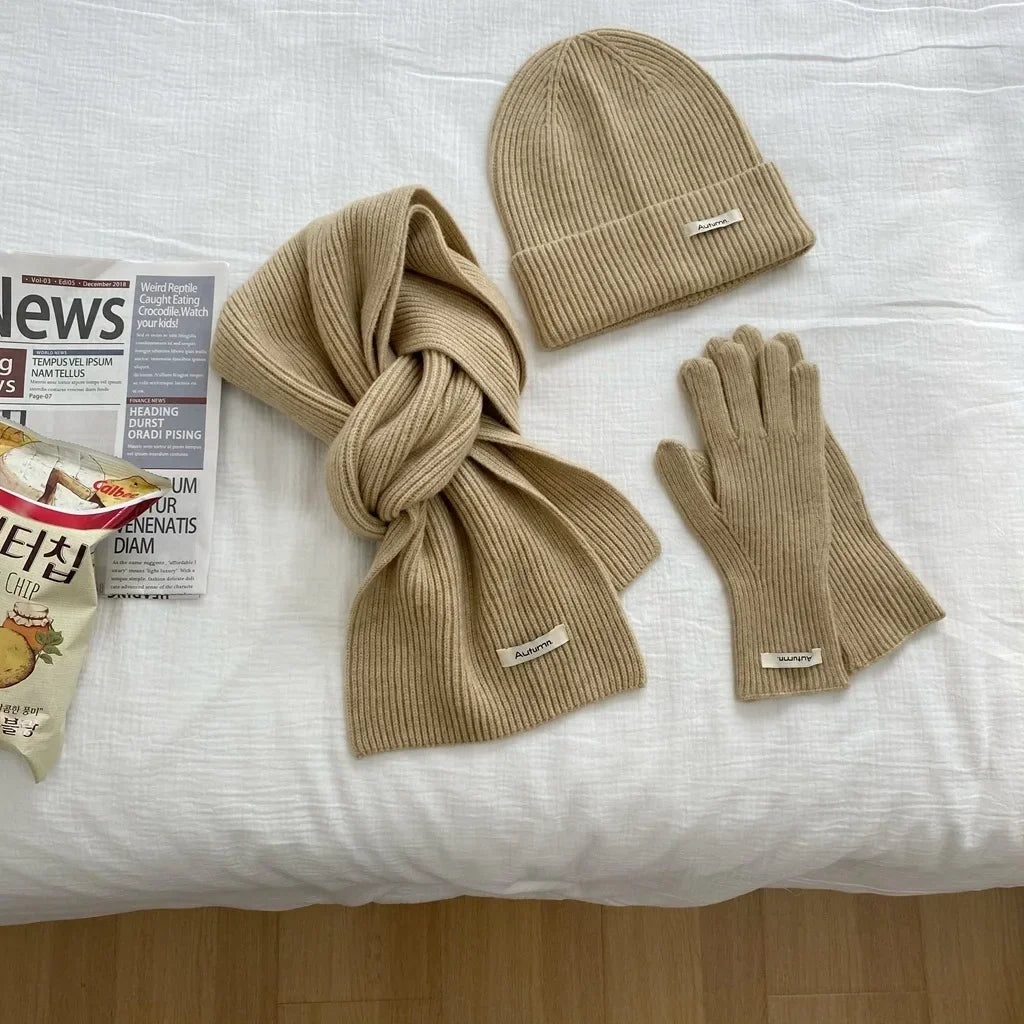 Women's Solid Knitted Hat Scarf and Gloves Set for Winter Wear
