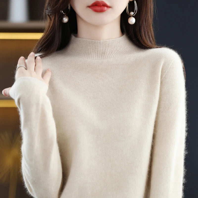 Women's Plain Mock Neck Long Sleeve Sweater Casual Knit Layer
