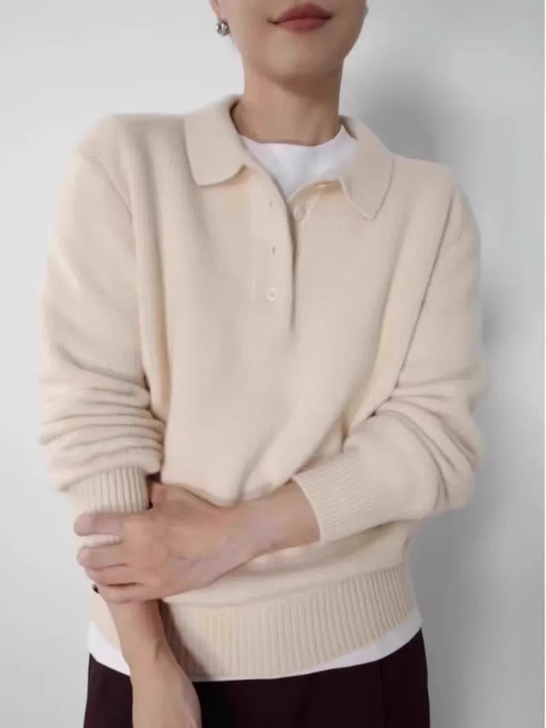 Elegant POLO semi-open neck 100%wool knitted sweater women loose long-sleeved base sweater autumn and winter