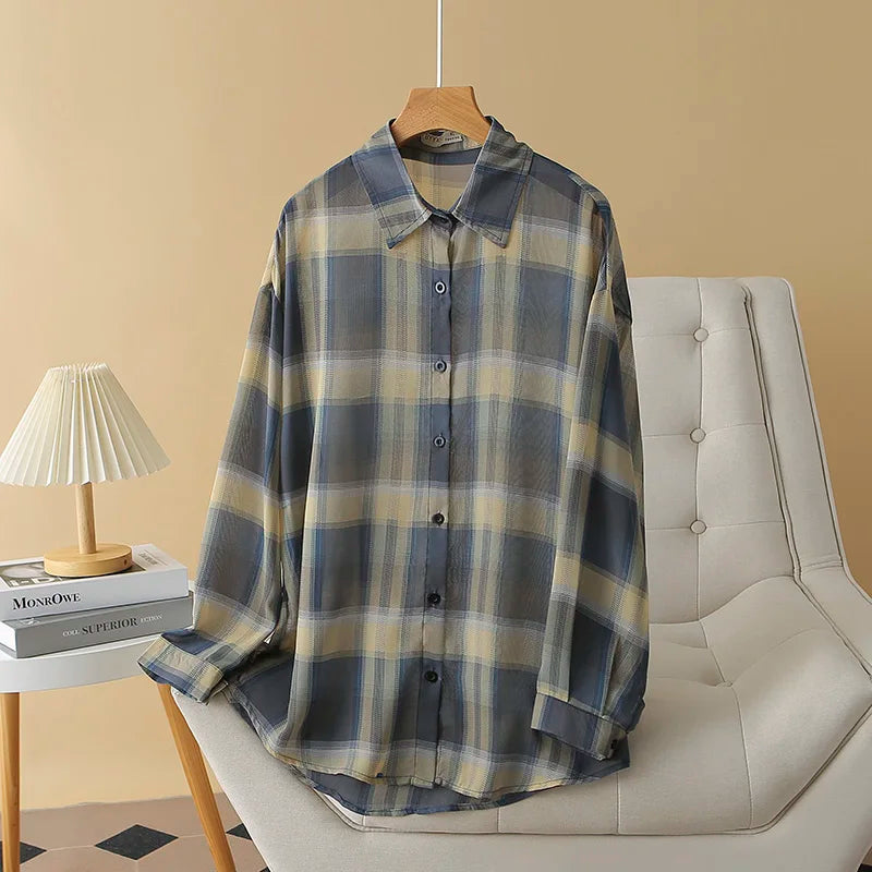 Women's Sheer Checked Short Sleeve Button Front Shirt