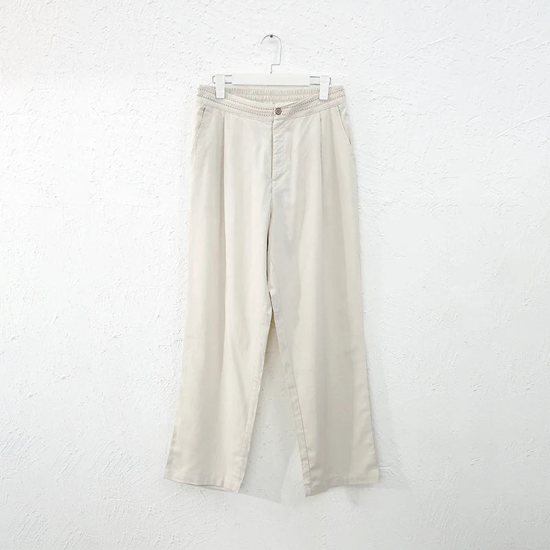 Women's Linen-Rayon High-Waist Loose Ankle-Length Pants with Side Pockets and Zipper Fly