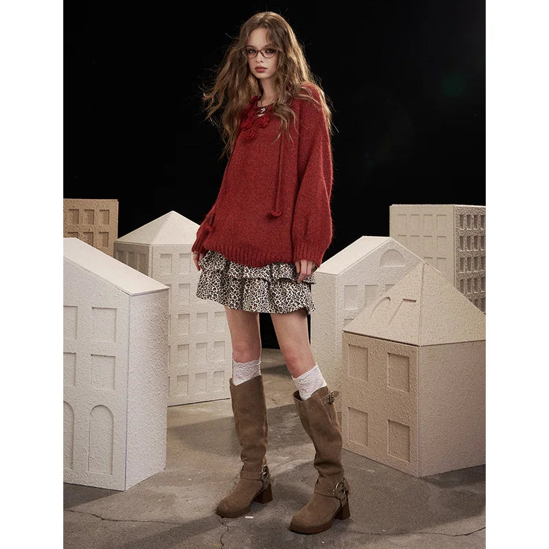 Women's Floral Applique V Neck Batwing Sweater Casual Knit Layer