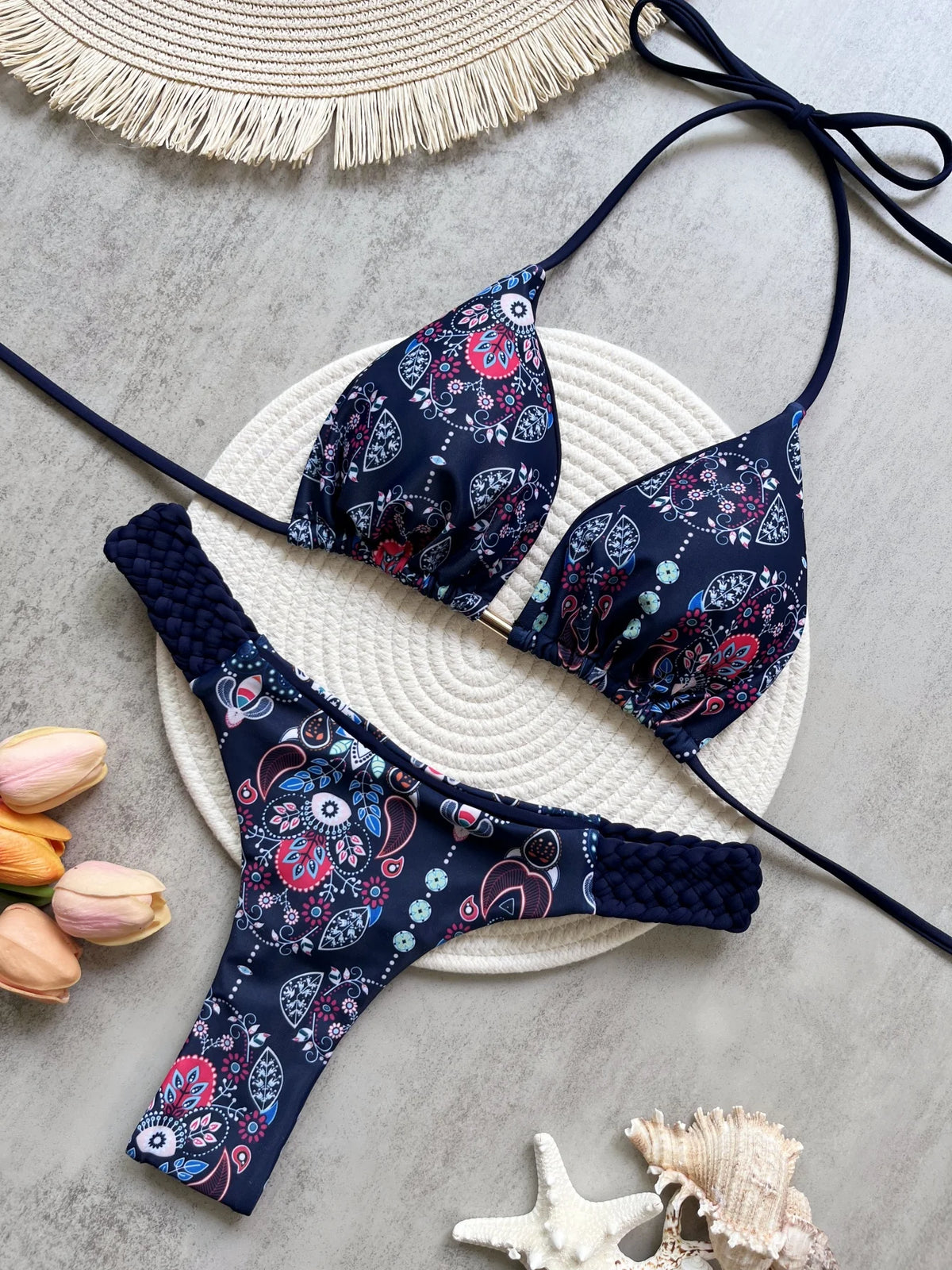 Printed Halter Thong Bikini