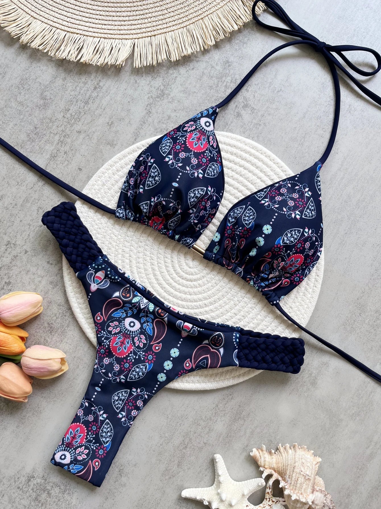 Printed Halter Thong Bikini