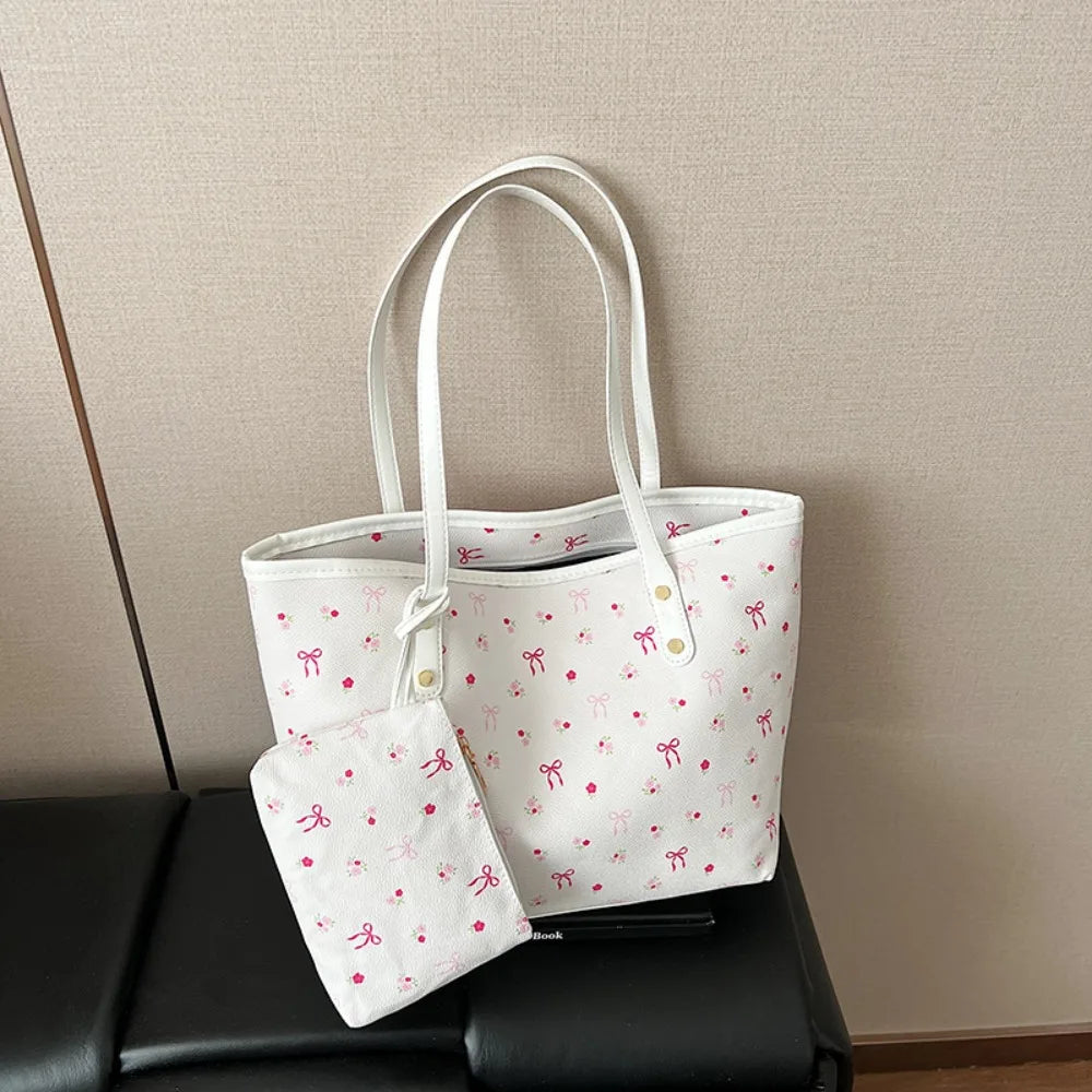 Women's Bow Print Tote Bag with Long Handles and Zipper Closure