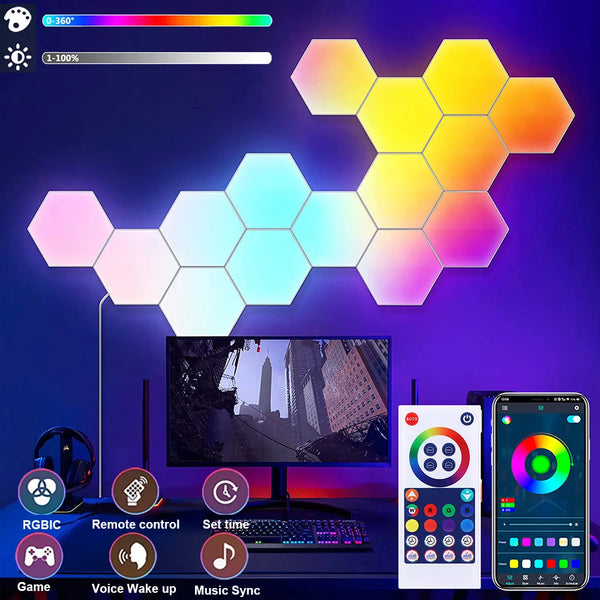 App/Remote Control Smart Hexagon Lights Panels Gaming Music Sync Hexagon Lights Cellular RGB Wall Sconces Quantum Night Lights