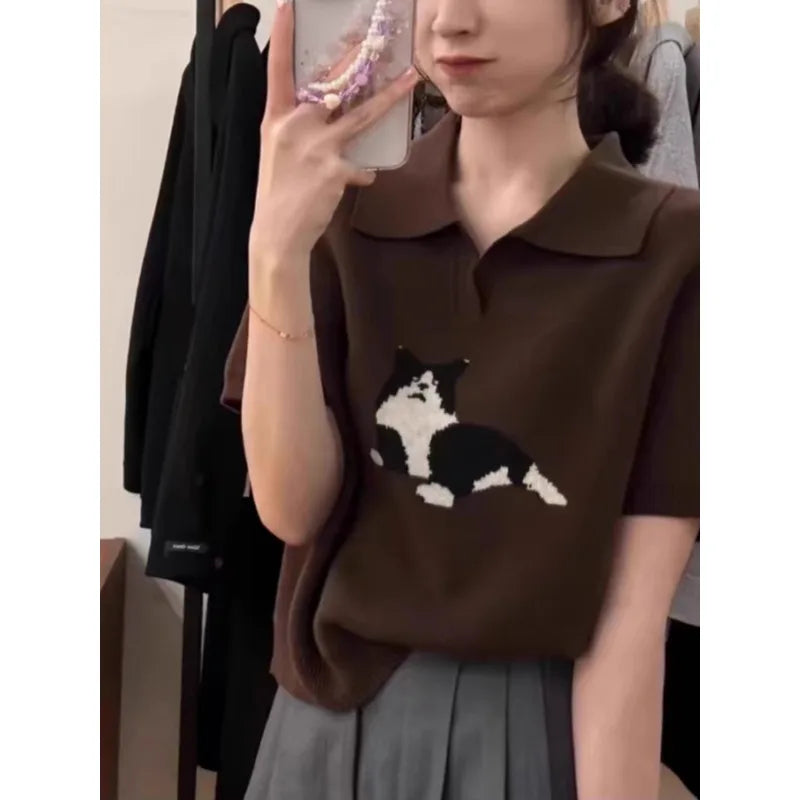 European vintage cat jacquard cashmere knitted short-sleeved women's lapel front-shoulder wool T-shirt, half-sleeved short top