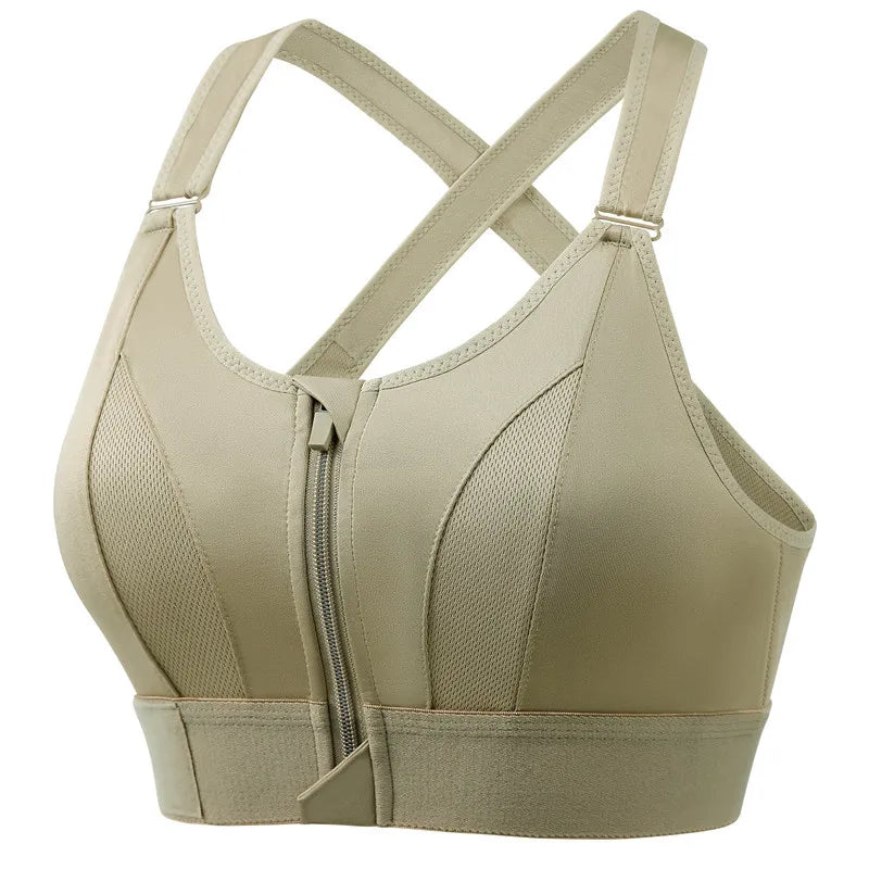 Women's Front Zip Cross Back Sports Bra