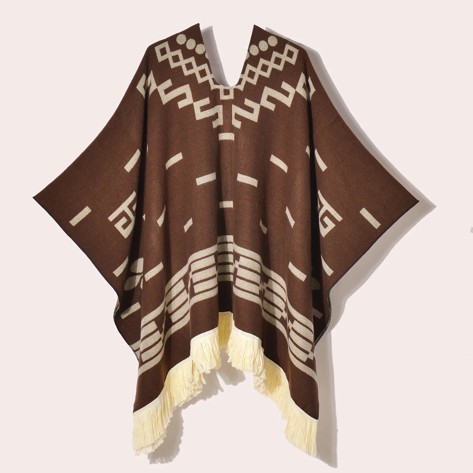 Geometric Pattern Fringe Poncho for Layering over Outfits