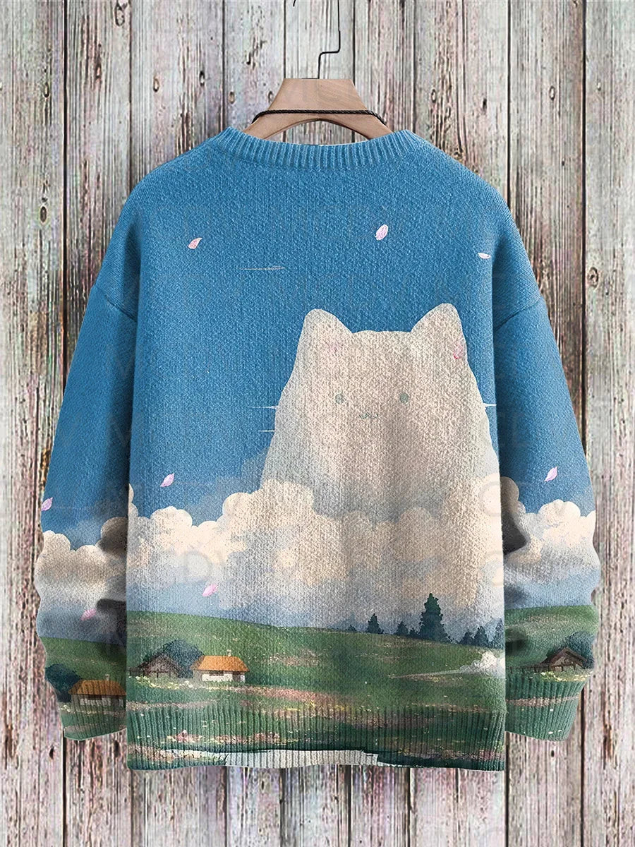 Japanese Art-Print Crewneck Knit Sweater