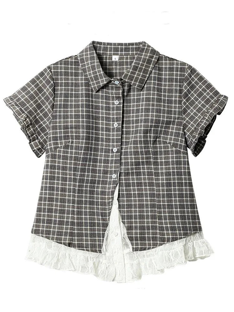 Women's Checked Lace Detail Collared Shirt