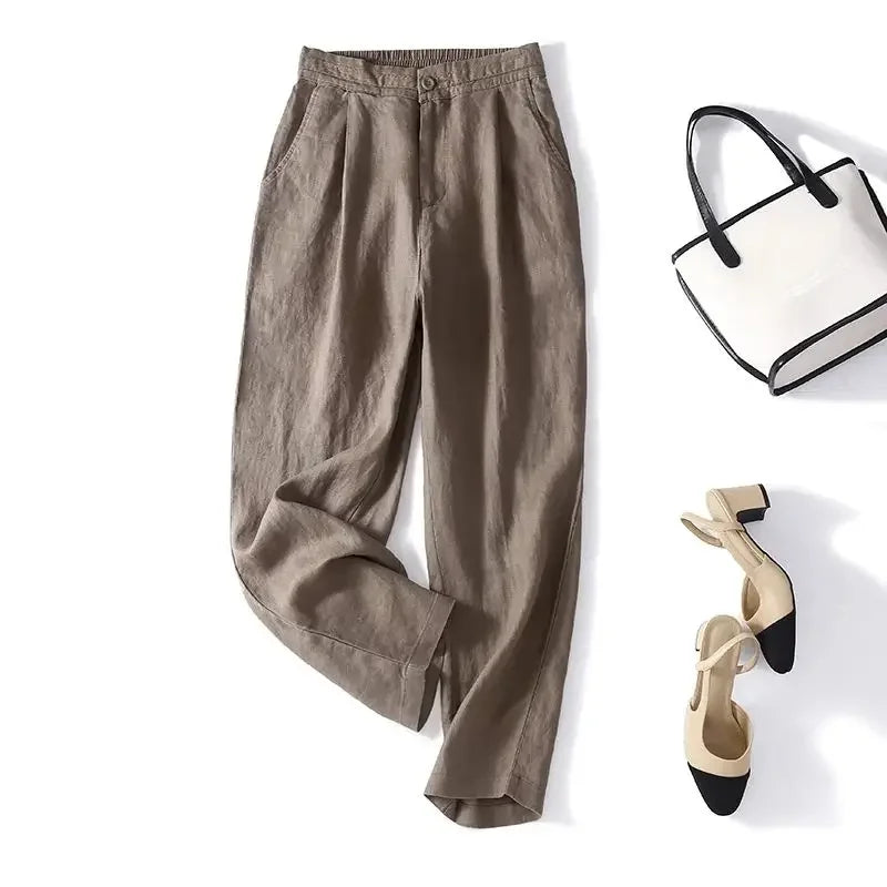 Women's Linen-Viscose High-Waist Straight-Leg Full-Length Pants with Button Fly for Casual Outfits