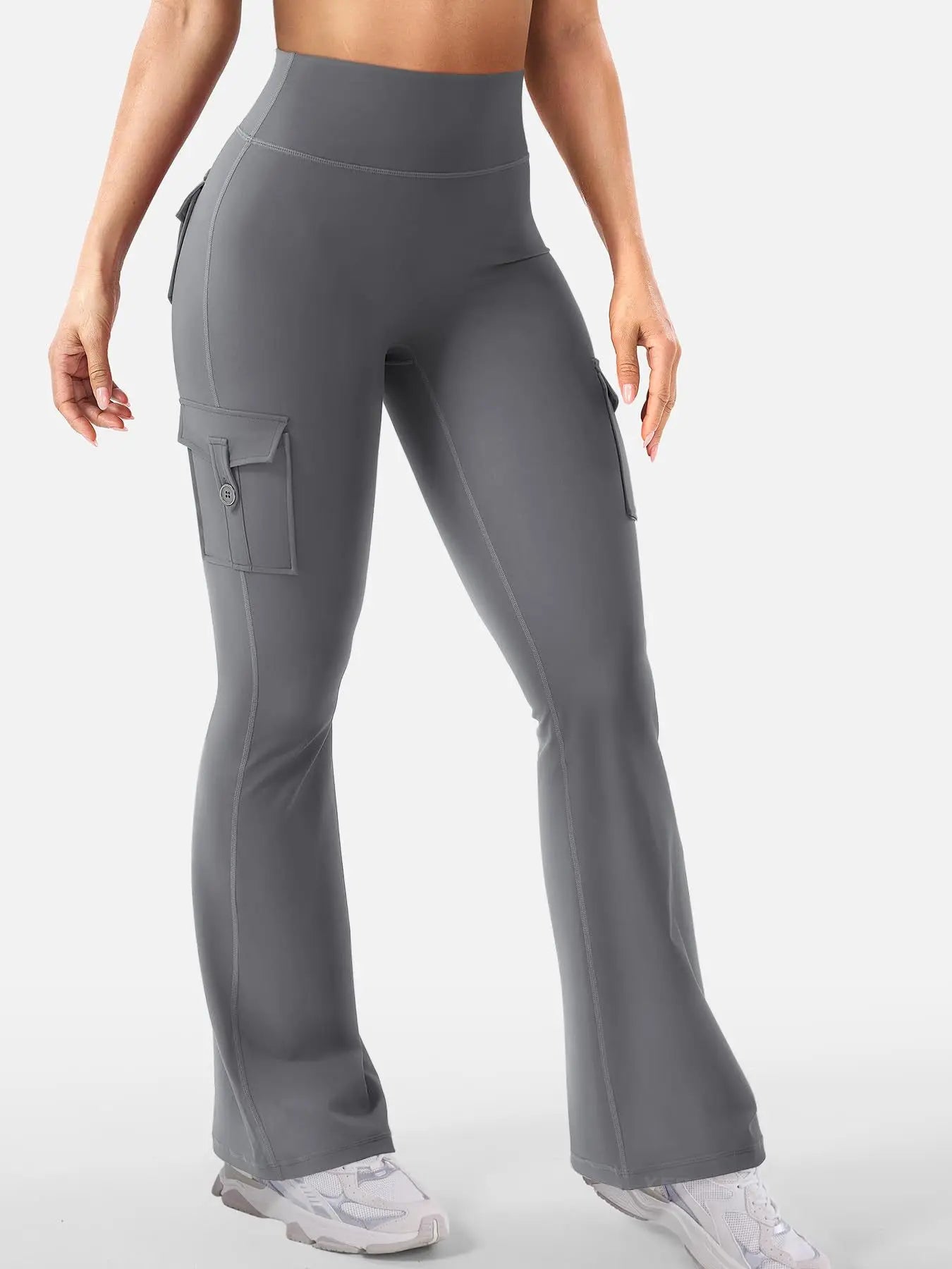 Women's High Waist Polyester Flared Pants with Cargo Style Thigh Pockets