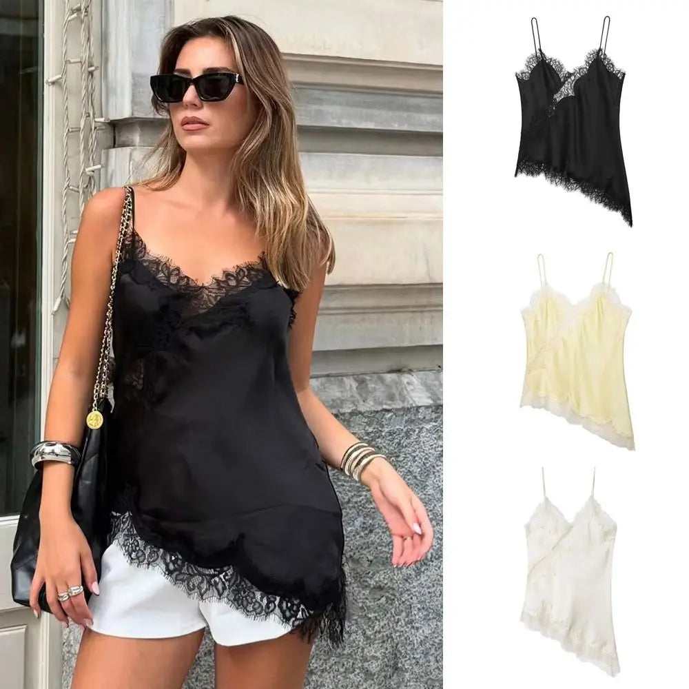 Women's V-Neck Camisole with Lace Trim and an Asymmetric Hem