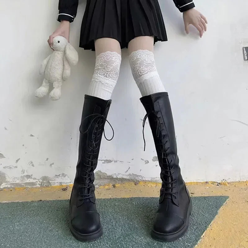 Ribbed Thigh High Socks with Decorative Lace Cuffs