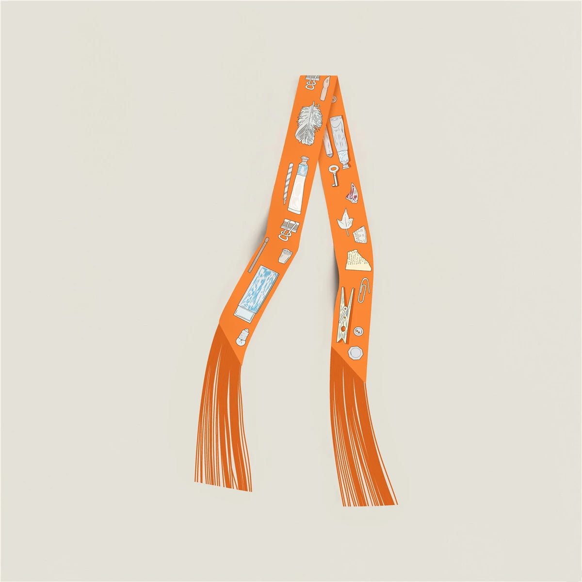 Printed Narrow Ribbon Scarf with Decorative Fringed Ends