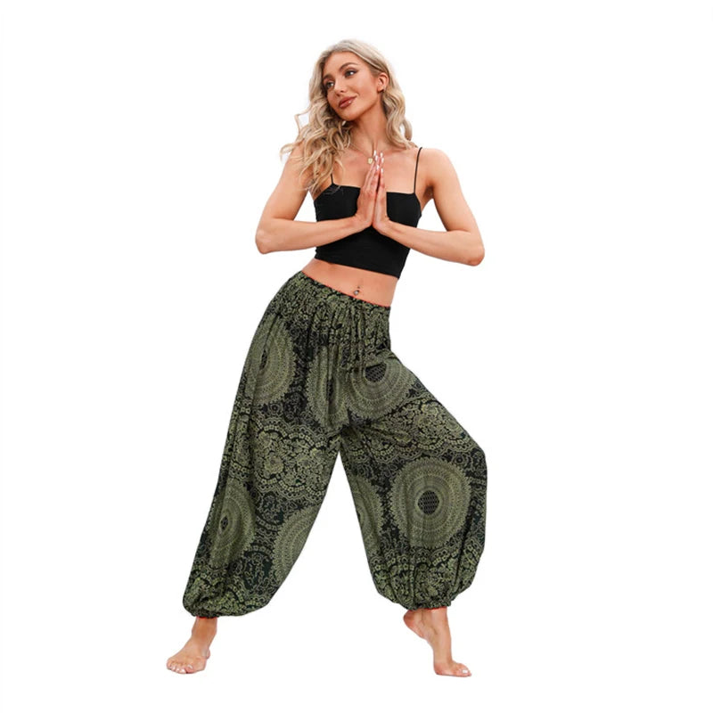 Women's Printed Rayon Harem Pants with Elastic Waist and Loose Gathered Legs