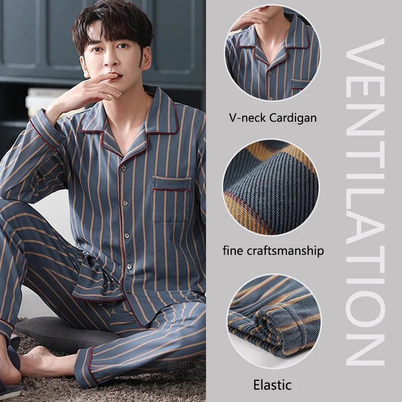Men's Striped Button Front Long Sleeve Shirt and Pants Pajama Set