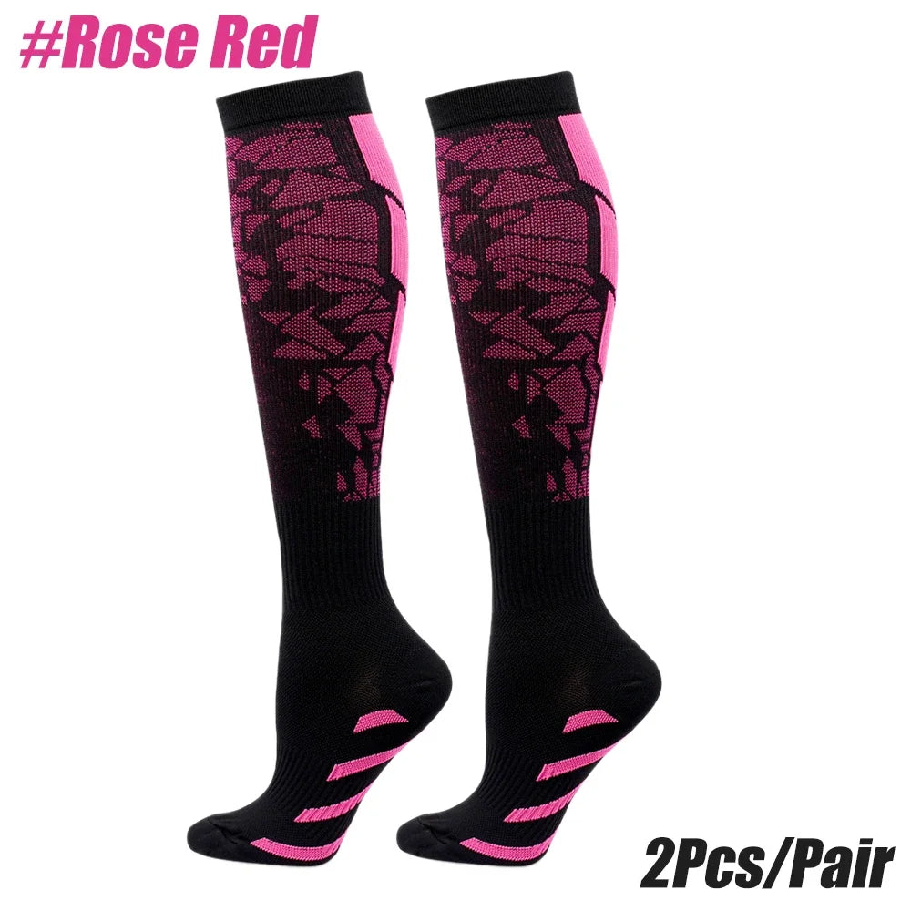 Patterned Knee High Compression Socks with Contrasting Panels