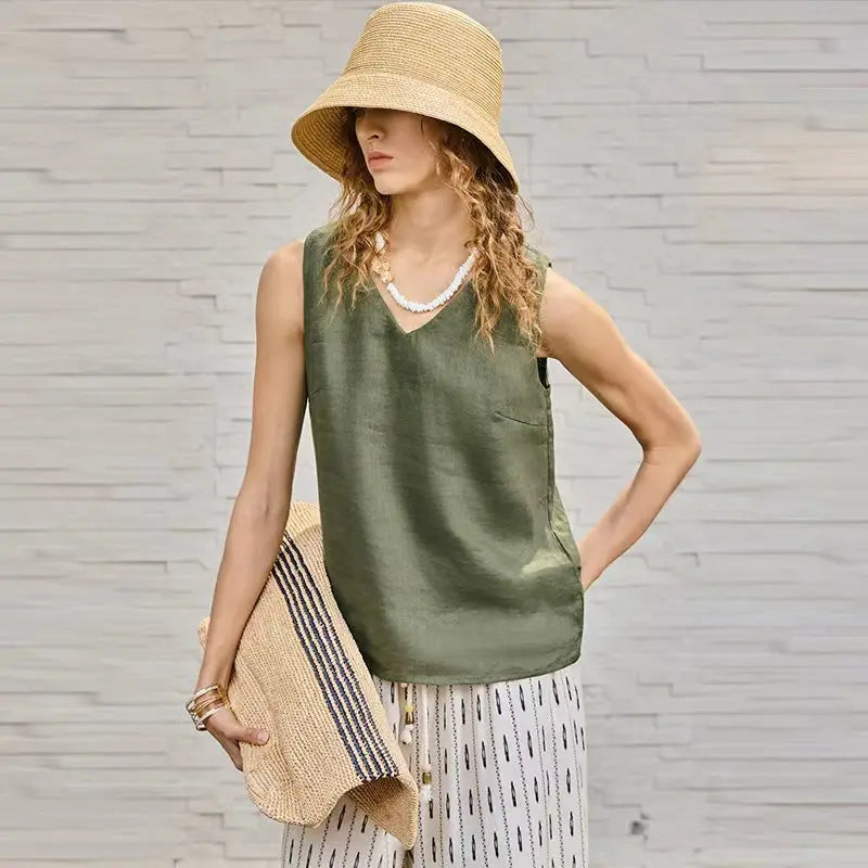 Women's Linen Sleeveless V-Neck Relaxed Tank Top for Casual Summer Everyday Outfits