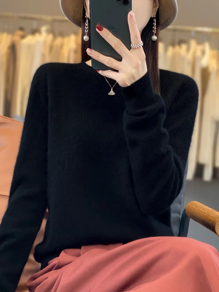 Women's Fluffy Round Neck Long Sleeve Sweater Casual Knit Layer