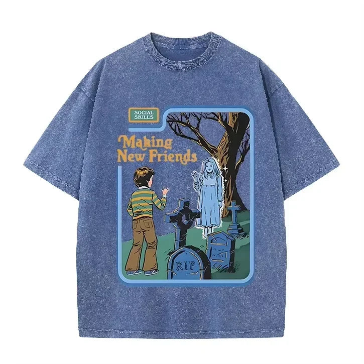 Green Acid Wash Making Friends Ghost Cemetery Vintage Halloween Tee