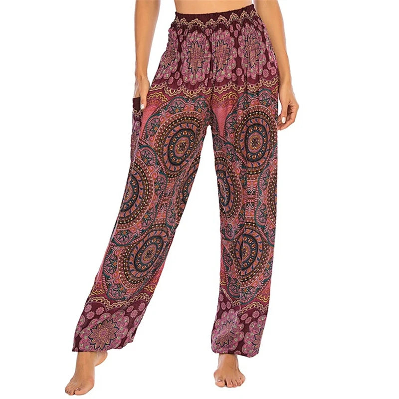 Women's Printed Rayon Harem Pants with High Waist and Gathered Ankles