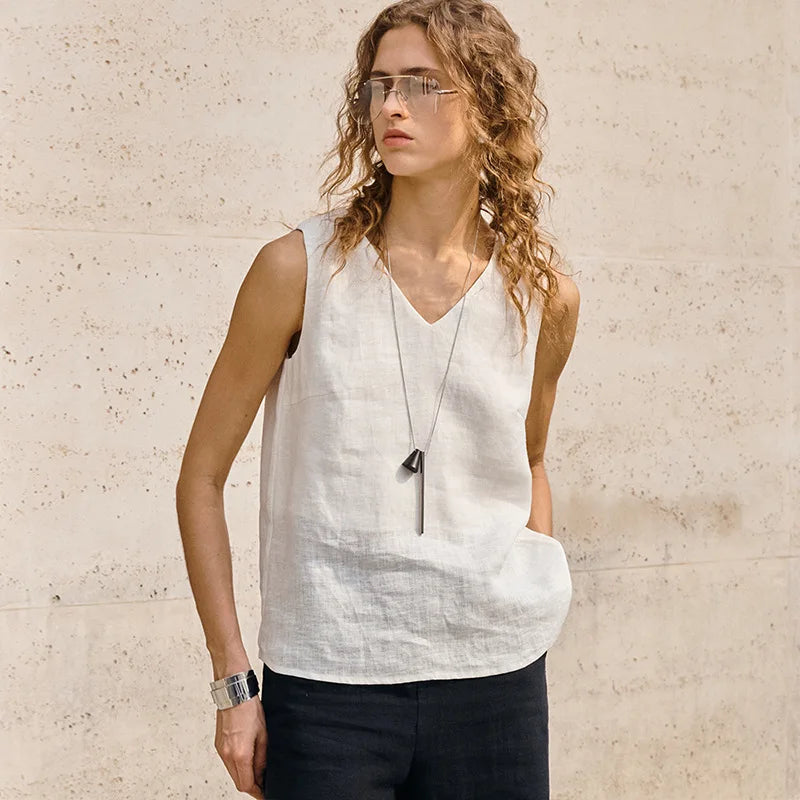 Women's Linen Sleeveless V-Neck Relaxed Tank Top for Casual Summer Everyday Outfits