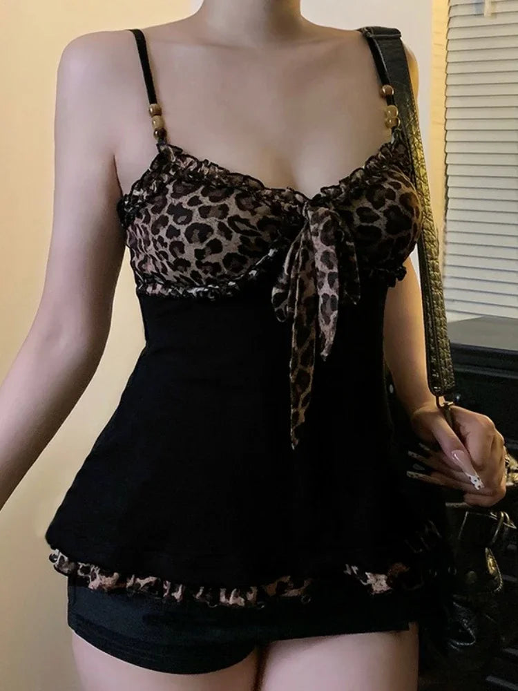 Women's Leopard Bow Polyester Camisole with Thin Straps and Lace Trim