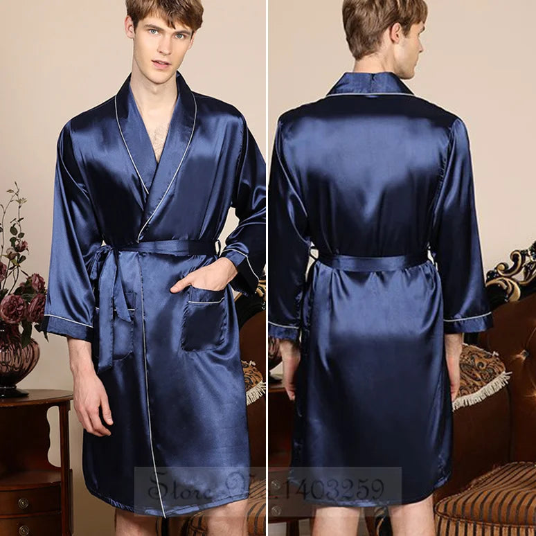 Men's Patterned Satin Long Sleeve Tie Waist Bathrobe with Pockets