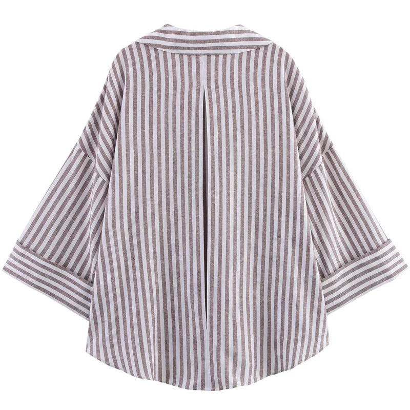 Women's Striped Wide Sleeve Cropped Button Front Shirt
