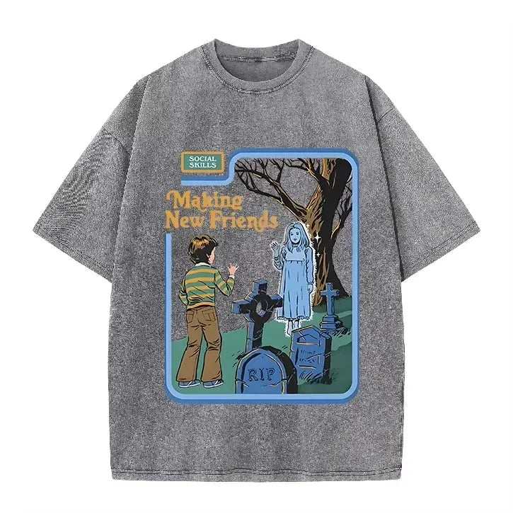 Green Acid Wash Making Friends Ghost Cemetery Vintage Halloween Tee