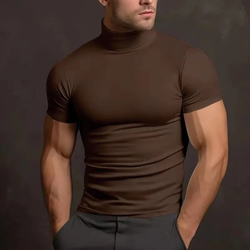Solid Mock Neck Short Sleeve Fitted Compression T Shirt