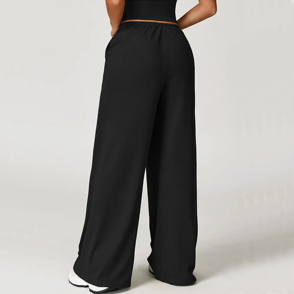Women's Drawstring Waist Polyester Blend Wide Leg Pants with Side Pockets