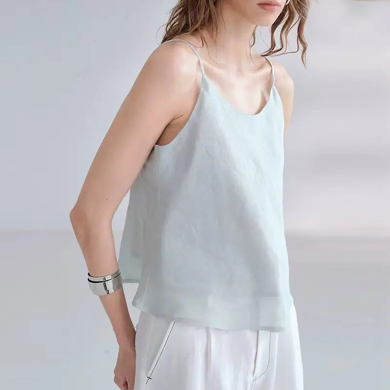 Women's Ramie Sleeveless Backless Camisole Top with Relaxed Shape for Casual Outfits