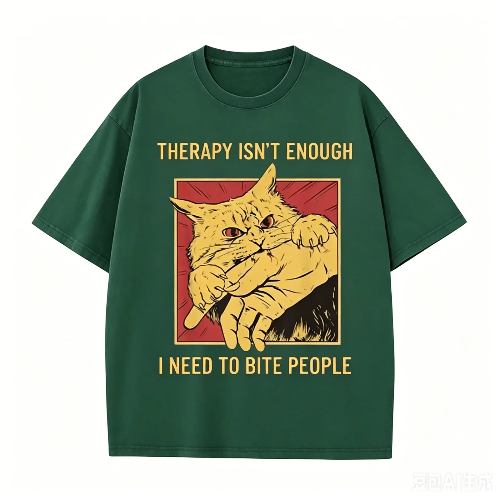 Funny Cat Bite Hand herapy Isn't Enough Print Vintage Washed Black T Shirt