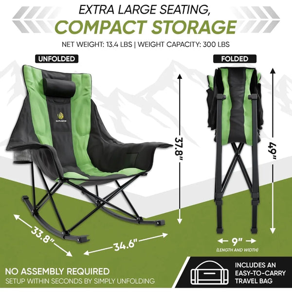 Foldable Camping Chair,Extra Large Outdoor Rocking Chair w/Cup Holder,Carrying Bag&More-Camping Chair Rocker Supports 300lbs