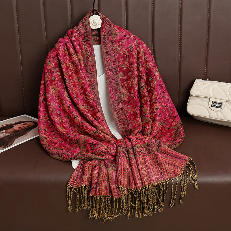 Paisley Floral Print Long Scarf with Fringed Ends