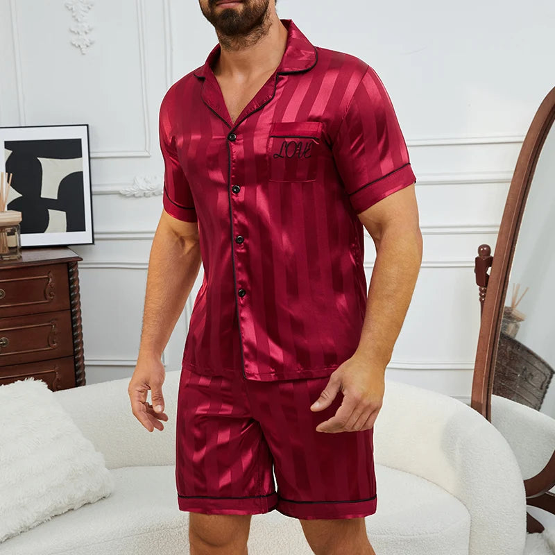 Men's Satin Look Short Sleeve Shirt and Shorts Pajama Set