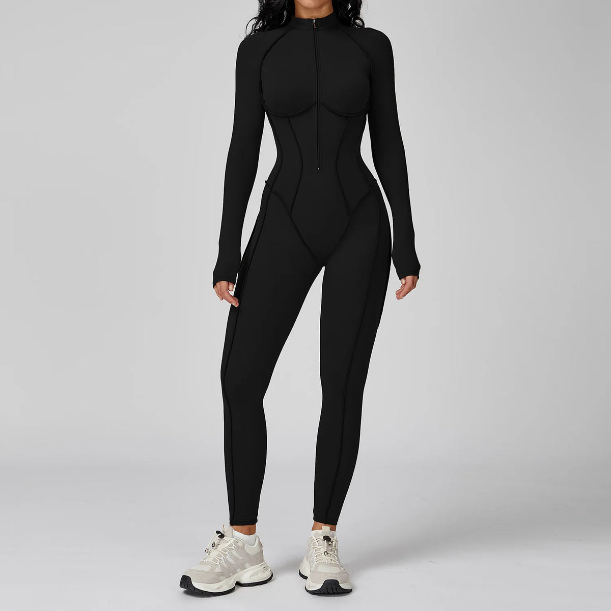 Women's Long Sleeve Nylon Blend Zip Front Workout Jumpsuit with Contour Seams