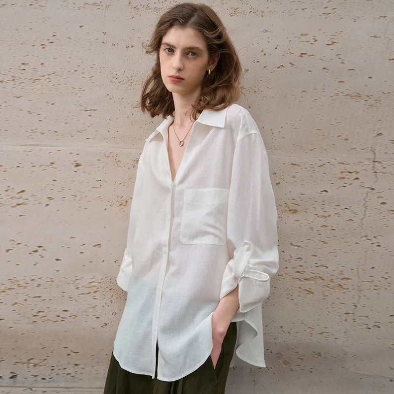 Women's Linen Long-Sleeve Loose Collared Button-Up Shirt with Pockets for Casual Outfits