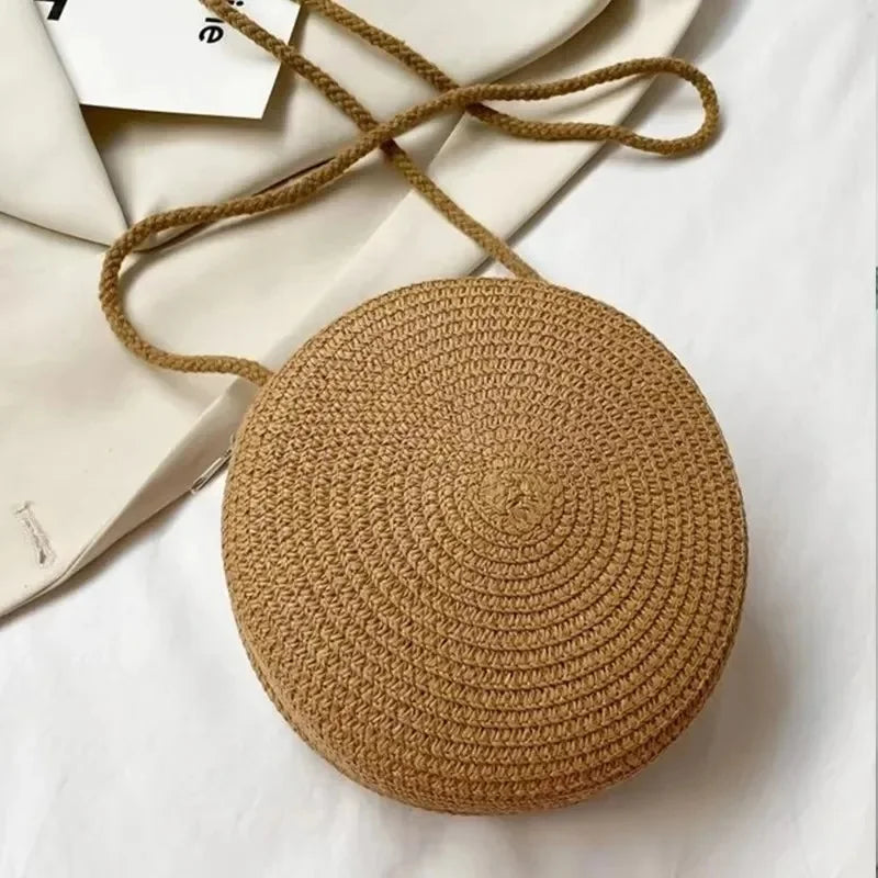 Round Woven-Look Crossbody Shoulder Bag with Zipper for Everyday Outfits