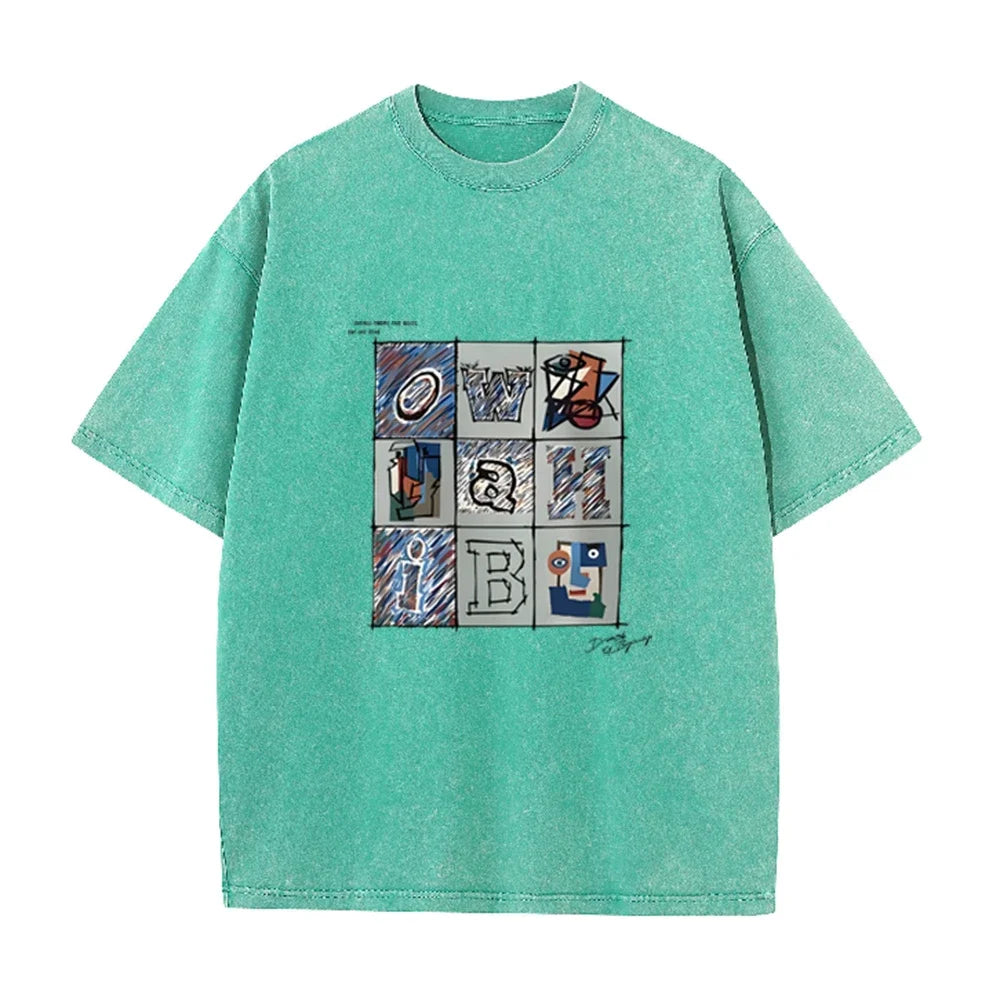 Retro Abstract Alphabet Art T Shirt Picasso Inspired Print Washed Casual Streetwear