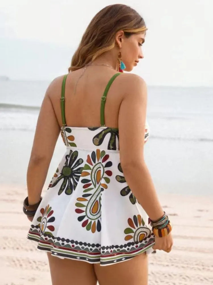 Women's Floral Print Strappy Swimdress with Skirted Silhouette