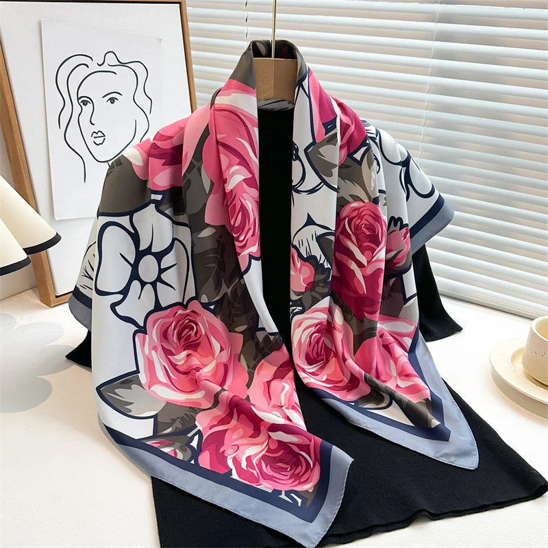 Printed Large Square Scarf with Decorative Border Designs