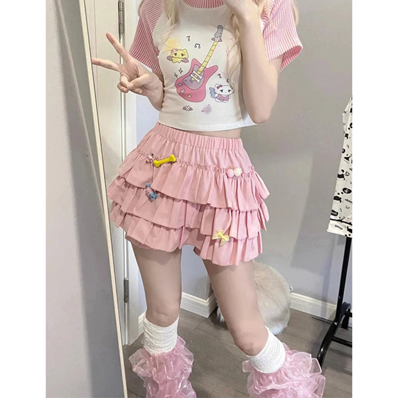Women's Polyester High-Waist Ruffled A-Line Mini Skirt with Bows for Summer Outfits